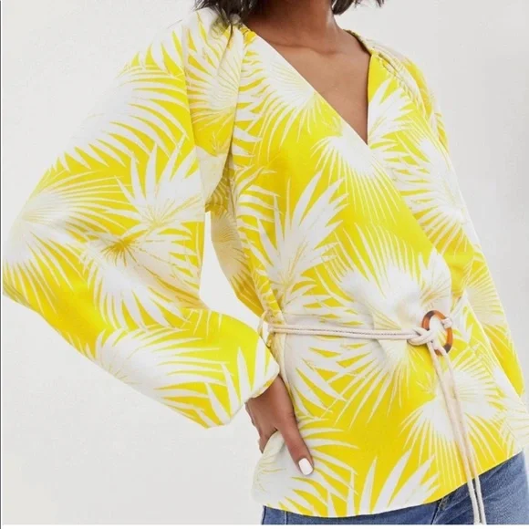 ASOS Yellow Palm Print Plunge Kimono Top V Neck Wrap Puffy Sleeve Blouse Size 2 - Picture 1 of 11